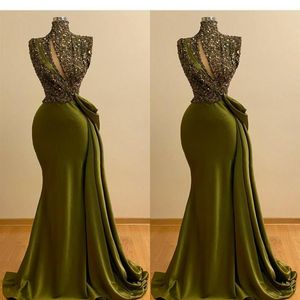 2021 Sexy Hunter Verde Vestidos de Baile Gola Alta Lantejoulas Lantejoulas Renda Sem Mangas Sereia Lantejoulas Sweep Train Plus Size Festa Longa Ev329V