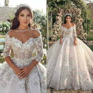 2023 Luxury Ball Gown Wedding Dresses Sexy V Neck Long Sleeves Lace Flower Appliques Sequins Beaded Floor Length Ruffles Custom Ma275n