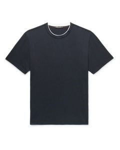 襟に沿ってコントラストトリムを備えたデザイナーの男性TシャツロロピアナメンズブラックコットンジャージーTシャツ半袖トップスサマーTシャツ