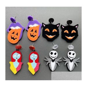 Ohrstecker aus Acryl, Halloween, schwarze Katze, Geisterpuppe, Skelett, lila Mund, Lippe, orangefarbener Kürbis, Tropfenohrring, baumelt für Frauen und Mädchen, Del Dhmuh