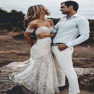 2019 Boho Summer Off Shoulder Bohemian New Beach Backless Wedding Dress Lace Transparent Modern Long Bridal Gown Custom Made Casua326e