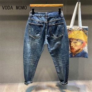 Jeans Masculino Jeans Rasgado Calças Capris Cinza Escuro Stretch Desgastado Calça Harém Casual Hip Hop Calça Jeans com Remendos na Altura do Tornozelo Marca L230724