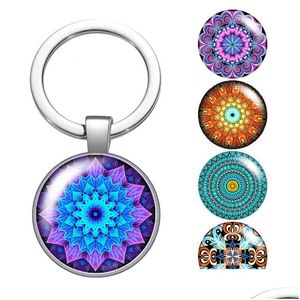 Chaveiros Colhedores Beleza Flor Padrões Vintage Vidro Cabochão Chaveiro Saco Porta-Chaves Do Carro Amuletos Banhado a Prata Cadeias Masculinas Wom Dhd9Q