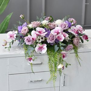 Decorative Flowers Luxury Green Leaved Vine Orchid Rose Table Flower Artificial Floral Row Wedding Centerpiece Party Backdrop Layout