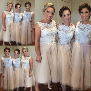 White And Champagne Short Bridesmaid Dresses For Wedding Plus Size Lace Top Sleeveless Maid Of Honor Gowns Tulle Tea Length Brides278s