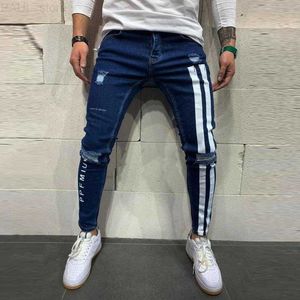 Jeans da uomo Trendy Uomo Skinny Biker Destroyed Sfilacciato Fit Denim Pantaloni strappati Side Stripe Matita Hip Hop Streetwear L230724