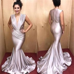 Sexy Deep V-Neck Sleeveless Evening Dress Zipper Back Sweep Train Mermaid Silk Satin Prom Party Dresses Custom Made237M