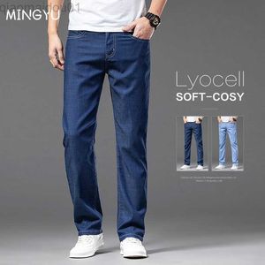 Mäns jeans 2023 Nya sommarlyocell baggy mäns jeans elastiska midja tunna raka denim byxor mörkblå klassiska byxor plus storlek 40 42 L230724