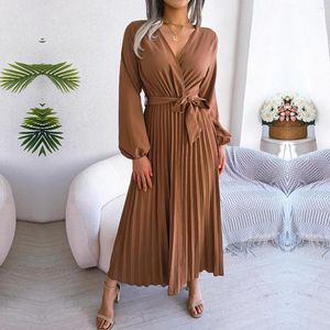 Casual Dresses SEPARQI 2023 Women Spring Summer Temperament Cross Solid Color V Neck Large Hem Pleated Long Dress For Fashion Lady Ins