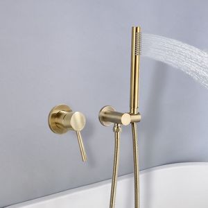 Juego de ducha de baño en la pared Mezclador de ducha de oro cepillado Frío y caliente Total Latón Baño y ducha Grifo mezclador Grifo de baño de latón