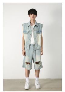 Conjunto de duas peças agasalho masculino jeans colete shorts terno azul claro minoritário solto coreano casual sem mangas