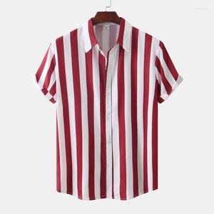 Men's Casual Shirts Red Vertical Striped Hawaiian Shirt For Men Short Sleeve Button Down Summer Beach Dress Holiday Party Clothing 3XL