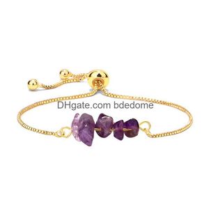 Charm Bracelets Colorf Gravel Chip Stone Bracelet Strand Adjustable Natural Gold Chain Reiki Semi-Precious Fashion Jewelry Women Drop Dhzaw