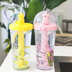Wasserflaschen Kreative süße lustige Flasche Tierdesign mit Strohhalm Kunststoff Cartoon Mischbecher Mädchen Herz Tasse
