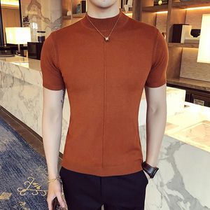 Herrtröjor 7 färger Halva hög krage t-shirt 2023 Spring Short Sleeve Solid Color Sweater Pullover Slim Sticke Teestops