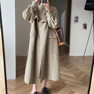 Kvinnors dikerockar 2023 Fashion Coat Women X-Long Windbreaker Spring Autumn Khaki Blue Loose Overcoat Lady Belt Pocket Cloak Tops