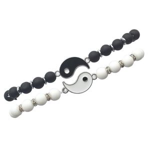 Beaded Couples Lovers Bracelets White And Black Beads Strands Women Men Taiji Ying Yang Charm Bracelet Friendship Jewelry Male Femal Dhhnt