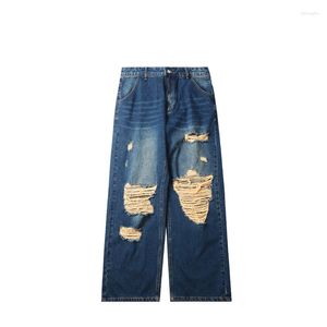 Mäns jeans hiphop-ledare y2k fashionabla streetwear slitna hål bantning vintage tvättad solid denim casual smal fitti