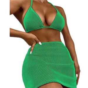 ملابس Swimwear Summer Bikini مجموعة ضيقة من 3 قطع مناسبة للنساء مثير شاطئ مخطط عالي الخصر الظهر bikini pxzt398 H230524