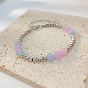 Stainless Steel Ball Beaded Chain Bracelet Summer Fashion Simple Natural Stone Jewelry for Women Girls Gifts 16cm+5.5cm