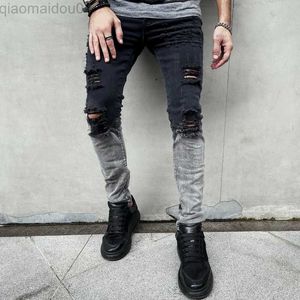 Men's Jeans Casual Denim Jeans Men Slim Zipper Black Hole Painted White Stretch Pencil Pants Ripped Jeans For Men Straight Full Length L230724