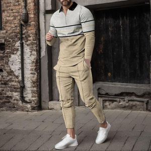 Tute da uomo Polo per il tempo libero Pantaloni da allenamento Set da due pezzi Manica lunga Colletto Henry a righe Tinta unita Abiti da uomo larghi