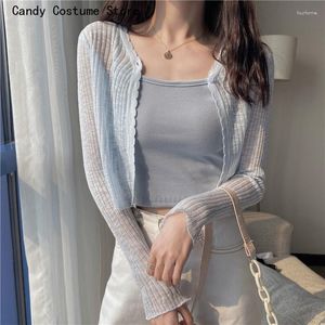 Women's Knits Sweet Cardigan Women V-Neck Solid Slim Knitted Thin Tops Female Korean Style Simple Fashion Long Sleeve Sun Protection Summer