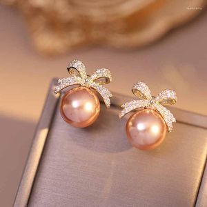 Kolczyki Dangle 925 Srebrna igła Pearl Bowknot Ear Studs Fashion Champagne White