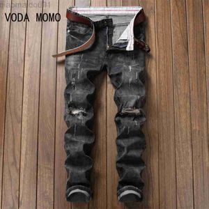 Men's Jeans 2022 European Men's Jeans Ripped Hole Patch Trend Stretch Slim Trousers High-End Versatile Male Denim Pants L230724