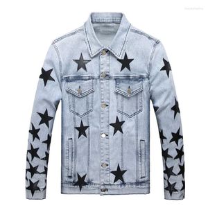 Men's Vests Men Leather Stars Patched Stretch Denim Jacket Streetwear Fringe Coat Light Blue Outerwear