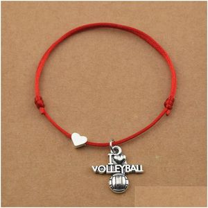 Charm Bracelets Handmade Gifts I Love Volleyball Soccer Baseball Basketball Football Softball Heart Pendant Red Black Cord Rope Drop D Dh0Rl