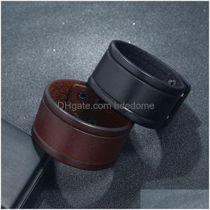 Bangle Wide Cow Leather Cuff -knapp Justerbar armband Wristand för män Kvinnor Fashion Jewelry Black Drop Delivery Armband Dhhuz