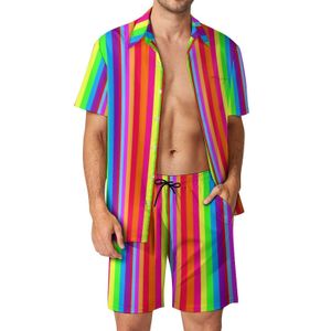 Agasalhos masculinos listrados arco-íris conjuntos masculinos estampados coloridos shorts casuais camisa de férias conjunto verão streetwear gráfico terno plus size roupas 230724