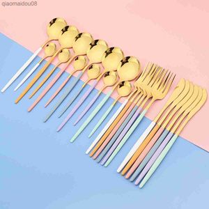 24Pcs Dinnerware Set Stainless Steel Tableware Knife Fork Tea Spoon Cutlery Set Multiple Colour Silverware Kitchen Flatware Set L230704