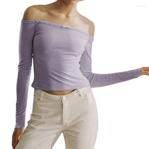 Women's T Shirts Y2k Top Women Harajuku T-shirt Crop Tops Autumn Clothes Solid Color Boat Neck Off Shoulder Long Sleeve T-Shirts Sexy