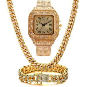 Orologio di design di lusso busto giù orologio completo di diamanti orologio collana braccialetto set Hip Hop diamante che incorpora moda oro argento rosa regalo all'ingrosso