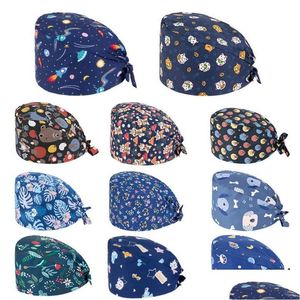 Gorro/bonés de caveira com estampa de algodão esfoliante chapéu de enfermeira floral bufante touca higiênica com faixa de transpiração impressão de desenho animado enfermagem confortável cor gota