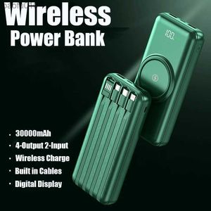 Power Bank 30000mAh Wireless Fast Charging Portable Charger Built Cables 4USB Digital Display Auxiliary Battery for iPhone MI L230619