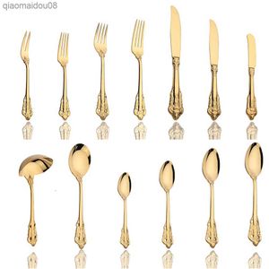 6Pcs Vintage Western Gold Cutlery Dining Dessert Knife Fork Spoon Cuterly Set Golden Luxury Dinnerware Engraving Tableware Set L230704