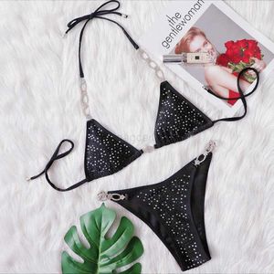 نساء مثير بيكيني مجموعة Black Triangle Cup Strap Crystal Diamond Thong Brazilian Beach Swimwear H230524