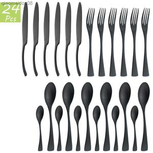 6/24Pcs Black Dinnerware Cutlery Set Stainless Steel Kitchen Tableware Set Steak Knives Fork Coffee Spoon Flatware Drop Shipping L230704