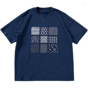 メンズTシャツコットンブループリント布ジュゴングリッド貼り付けTシャツ中国国家スタイルラウンドネックショートスリーブティー