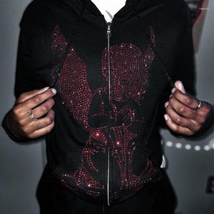 Kadın Hoodies Zip Hoodie Y2K Rhinestone Gotik Uzun Kollu Büyük Boy Ceket Sokak Giyim Üstü Kadın Goth Sweatshirt Spor Pulluk