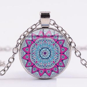 Pendant Necklaces Charm Blue Pink Mandala Necklace Geometric Flower Of Life Om Yoga Spirital Crystal Women Lucky Jewelry Mtistyle Drop Dhrfh