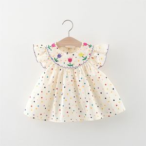 Flickor klänningar söt tjejs klänning söt ros broderad små runda prickar koreansk version Löst bubbla ärmhylsa bomullstrand kjol 230724