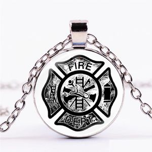 Pendant Necklaces Firefighter Symbol Statement Necklace Sier Plated Fire Fighter Badge Glass Dome Long Chain Fire-Rescue Jewelry Drop Dhkip