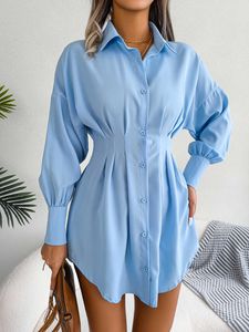 Women's casual button up long sleeved shirt dress for spring 2024, white blue military green clothing