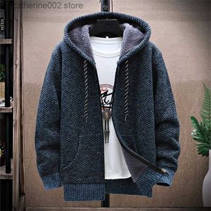 Men's Sweaters Winter Fleece Sweatercoat Men Thick Warm Hooded Kintted Mens Sweater Cardigan Solid Casual Knitting Jacket Coat Male Clothing T230724