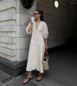 Casual Dresses Elegant Beige Women Linen Dress Puff Sleeve Long Backless Button Ladies V-Neck Cotton Soft Summer 2023 Formal Occa