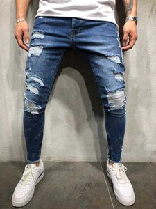 Herren Broken Pencil High Street Robin Blue Jeans Weiß gestreift Skinny Hole Denim Hose Asiatische Größe L230724